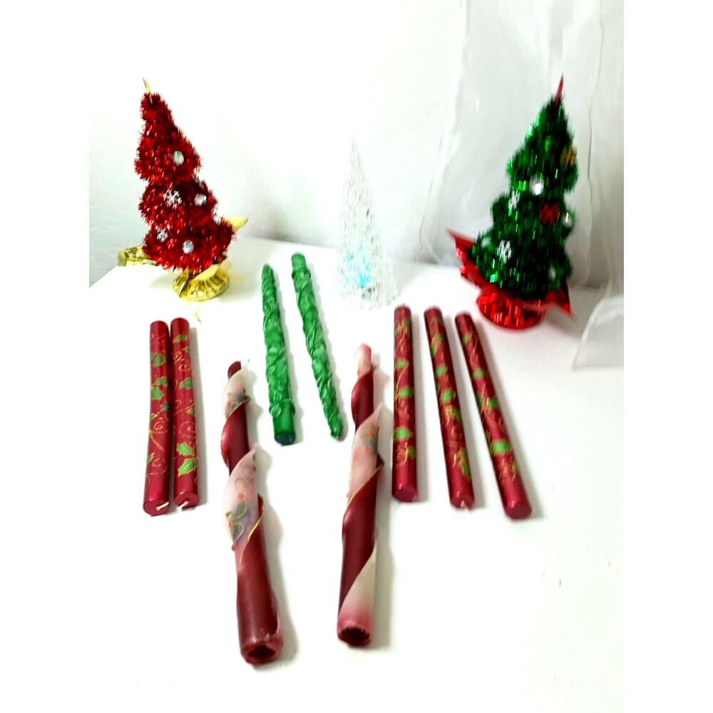 Vintage Holiday Taper Candles - Red, Green & Candy Cane Twisted Candle Set of 9